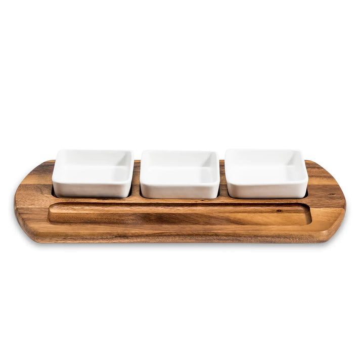 Wood and 3 bowl tray set